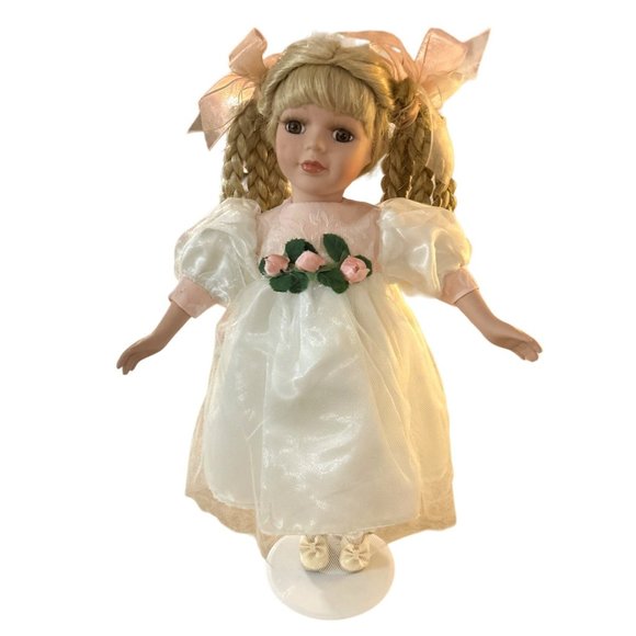 Porcelain Vintage Little Girl Doll -15‎ Inches Tall - Doll Stand Included - Picture 1 of 11
